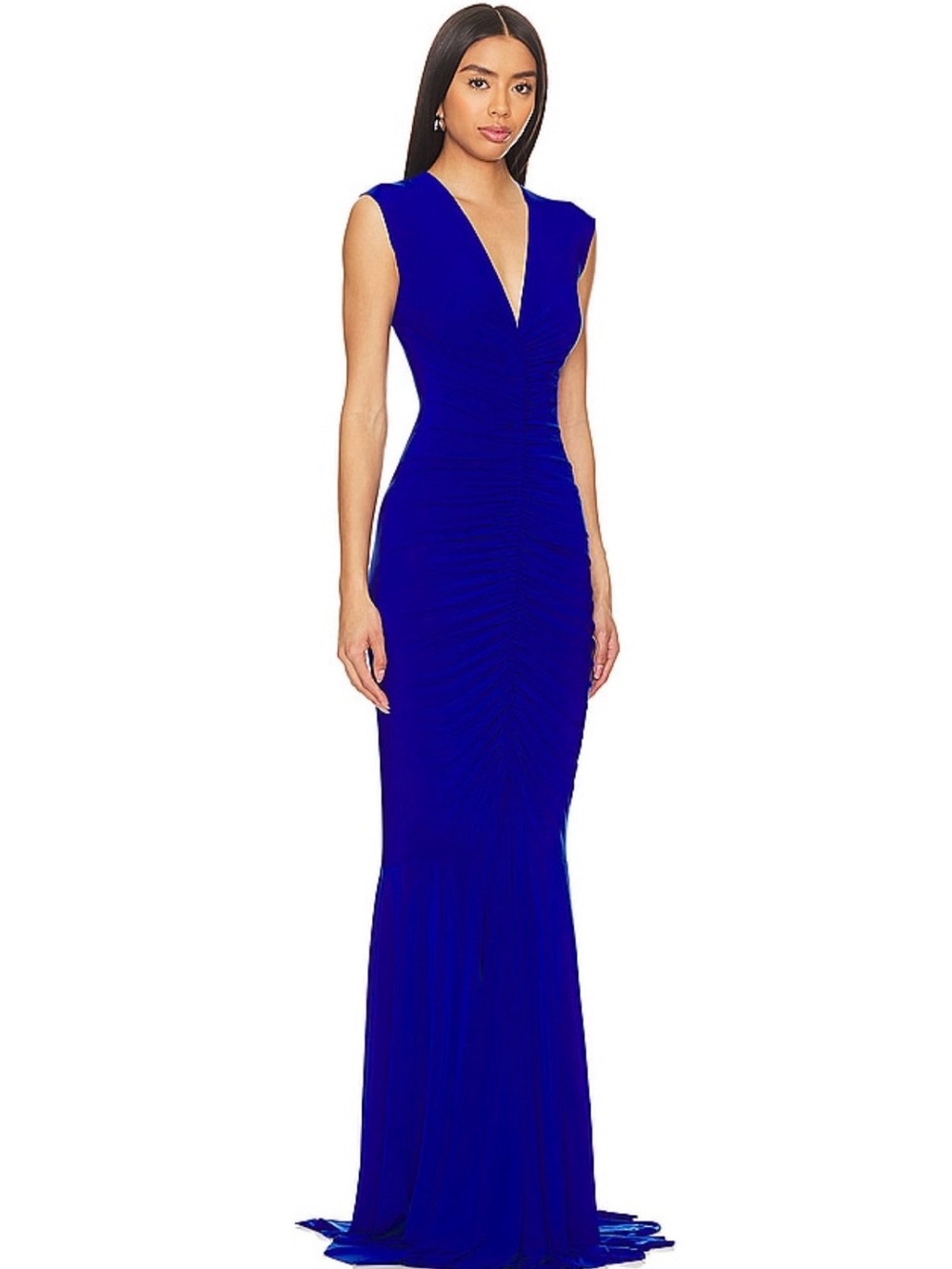 Norma Kamali Royal Blue Sleeveless V-Neck Shirred Fishtail Gown